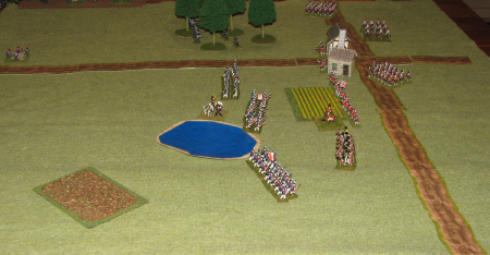 The situation at the beginning of turn 5.  Skirmishing in the woods with turn 3 reinforcements (Red) just moving into position.