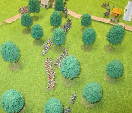 A view of the battle for the woods looking east.  Pack's Hanoverian militia attempt to charge but falter and fall back.  